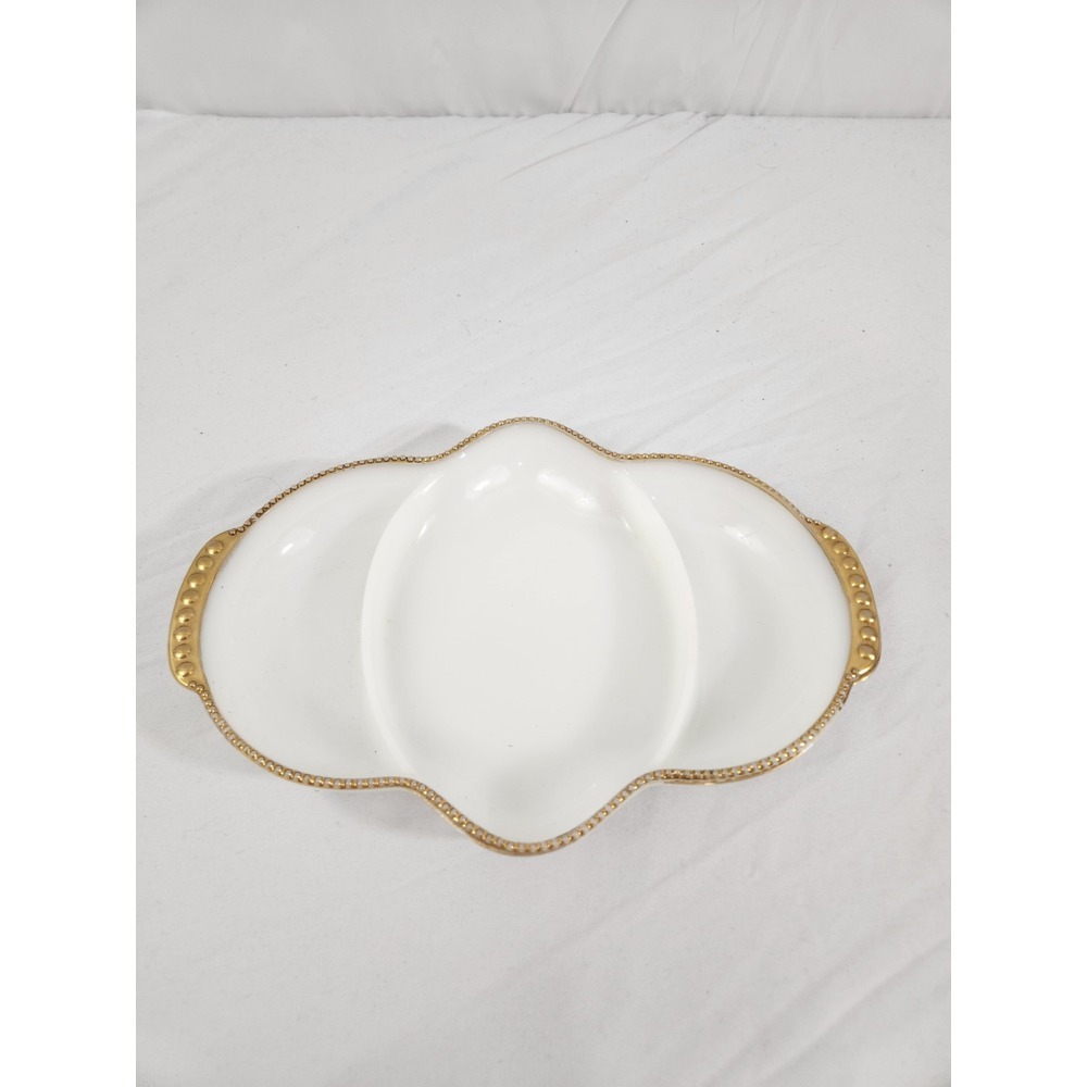 Vntg Fire-King Milk Glass Anniversary Relish Dish Gold Trim 3 Part Divided Tray‎